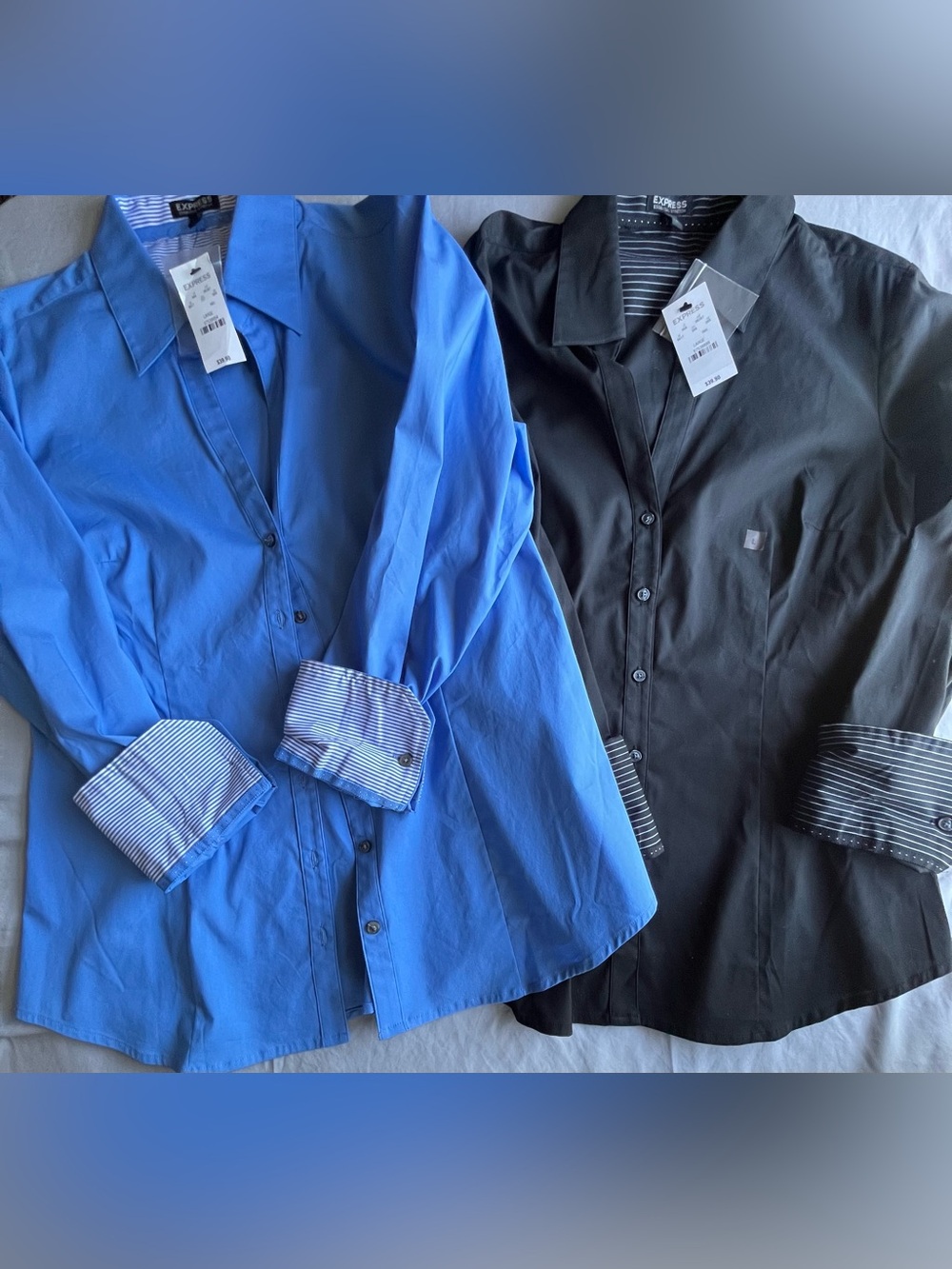 Express Essential Stretch Women’s Button Down Shirt Set Blue Black Large New